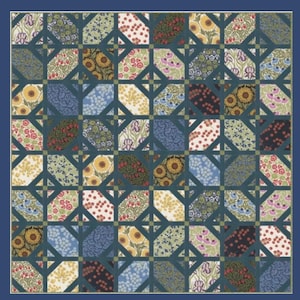 May include: A square quilt with a dark blue border and a repeating geometric pattern. The pattern features various floral designs, including sunflowers, in shades of yellow, red, and blue, set against a dark blue background.