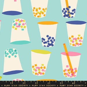 May include: A seamless pattern featuring a variety of colourful bubble tea cups with different toppings, including tapioca pearls, jelly cubes, and popping boba. The cups are on a light blue background.