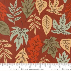 Può includere: Una stampa su tessuto con un motivo di varie foglie autunnali nei toni del verde salvia, crema e arancione bruciato su uno sfondo color ruggine intenso. Un righello bianco in basso mostra le misure in pollici fino a 7 pollici.