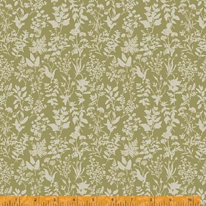 May include: A green fabric with a white floral pattern. The fabric features a repeating pattern of various types of flowers and leaves.