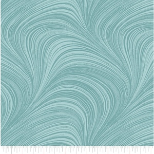 May include: Teal and light blue fabric with a flowing, abstract pattern. The design features curved lines, creating a sense of movement and a textured appearance. The fabric has markings with inch measurements along the bottom edge, equivalent to cm.
