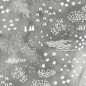 Może przedstawiać: Wzór bez szwów z białymi abstrakcyjnymi kształtami i wzorami na szarym tle. Kształty obejmują kwiaty, fale, kropki, linie i kształty geometryczne.