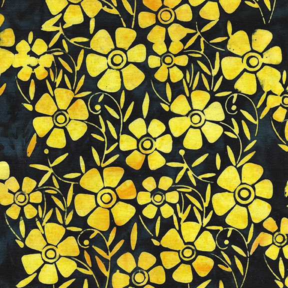 Beehive Buzz - Black Flower - By By Island Batiks - Sold By The Yard Cut Continuous - In Stock And Ships Today
