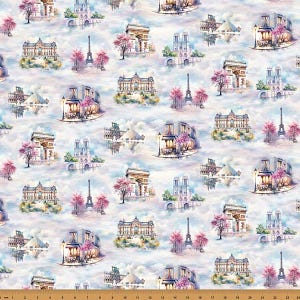 May include: A fabric with a repeating pattern of Parisian landmarks, including the Eiffel Tower, Arc de Triomphe, and Notre Dame Cathedral. The illustrations are in soft watercolor hues of blue, pink, and white, creating a dreamy aesthetic.