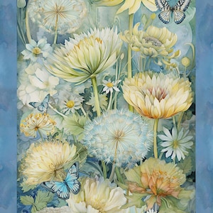 May include: Watercolor floral art print featuring yellow and white flowers, dandelions, and butterflies in shades of blue, green, and yellow. The artwork has a soft, dreamy aesthetic, perfect for home decor.