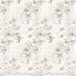 May include: Floral fabric with a repeating pattern of roses and other flowers in white, pale pink, and grey. The design includes stems and leaves on a textured, off-white background. The fabric has a vintage, romantic aesthetic.