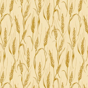 May include: A seamless pattern featuring stylized wheat stalks in shades of gold and tan. The design includes detailed illustrations of wheat heads and long, curved leaves, creating a natural, textured look. The background is a soft, creamy beige.