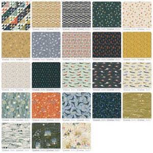 May include: A collection of twenty-four fabric swatches featuring nautical and coastal patterns, including sailboats, whales, lighthouses, lobsters, and geometric shapes in various colours like navy, mustard, cream, and orange, each with a ruler.