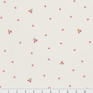May include: Cream-colored fabric with a repeating pattern of small pink strawberry shapes and clusters of strawberries with yellow and green accents. The design is evenly spaced across the fabric.