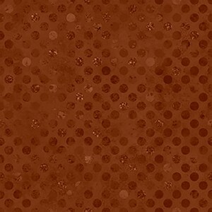 May include: A seamless fabric pattern featuring a deep rust-brown background with a repeating grid of circular dots. Each dot displays a textured, metallic-like finish with varying shades of copper and bronze, creating a subtle contrast.