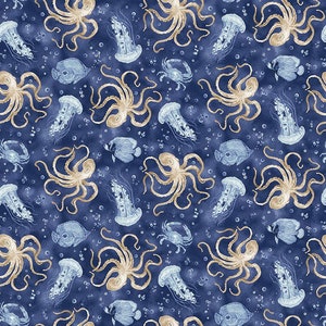 Cobalt Seas - Ocean Life Toss - By Andrea Tachiera For Henry Glass Fabrics - Sold By The Continuous Yard - In Stock And Ships Today