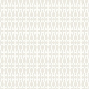 May include: A repeating pattern of light beige teardrop shapes and small circles on a white background. Vertical lines with small horizontal lines and circles separate the teardrops. The design is symmetrical and creates a textured effect.