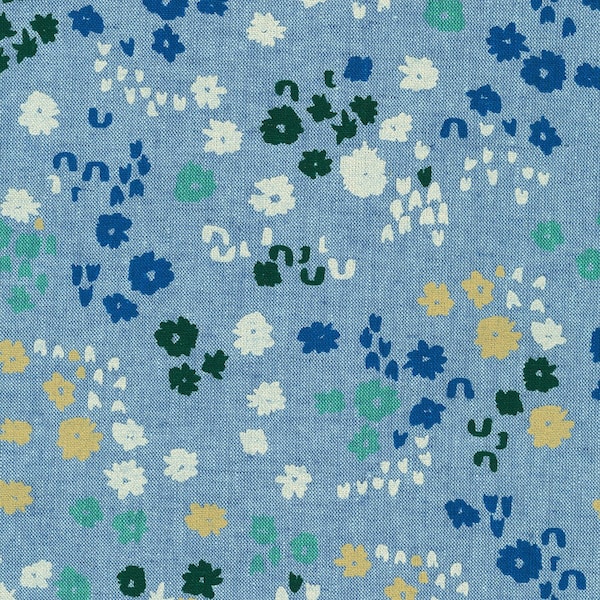 Riverbend Linen - Cadet Flower Mix - By Anna Graham For Robert Kaufman Fabrics - Sold by the Yard and Cut Continuous - In Stock Ships Today