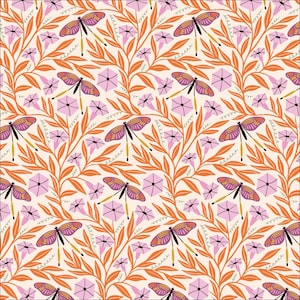 May include: A seamless pattern featuring orange leafy vines with pink flowers and orange and purple butterflies on a cream background.