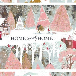 Può includere: Scena invernale con un paesaggio innevato, alberi rosa e dorati, case e la scritta "HOME sweet HOME". Una persona trasporta un albero di Natale. Uccelli rossi si posano su alberi bianchi. Il tema è una vacanza invernale accogliente.