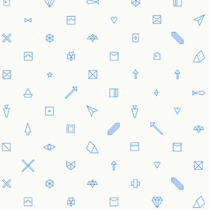 May include: A seamless pattern featuring a variety of geometric shapes and symbols in blue against a white background. The shapes include arrows, diamonds, stars, hearts, and more.