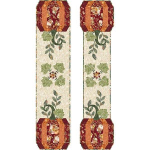 Könnte beinhalten: Zwei dekorative Tischläufer zum Thema Herbst. Jeder Läufer hat oben und unten ein Kürbismotiv mit einem Blumenmuster in der Mitte. Die Farbpalette umfasst Rot-, Orange-, Grün- und Cremetöne.