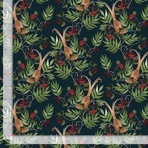 May include: A dark navy blue fabric featuring a repeating pattern of brown pheasants with long tail feathers, green leaves, and clusters of red berries. A white ruler measuring 11 inches is visible along the left and bottom edges of the fabric.