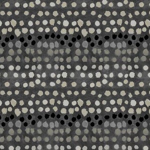 May include: A textile fabric featuring a repeating pattern of hand-painted style dots in shades of charcoal gray, light gray, beige, and solid black. The dots are arranged in horizontal rows across a dark gray background, creating a textured appearance.