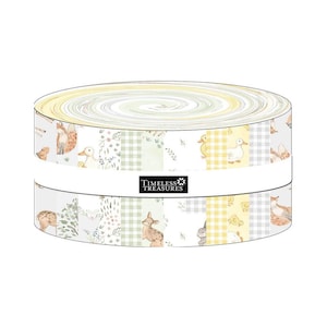 May include: A jelly roll fabric bundle featuring a variety of patterns including foxes, ducks, and rabbits in soft yellow, green, and white tones. A white paper band wraps around the center with the text Timeless Treasures printed in black.