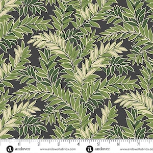 May include: A seamless fabric pattern featuring a repeating design of green leaves on a dark gray background. The leaves are stylized and have a slightly faded look, creating a vintage aesthetic.