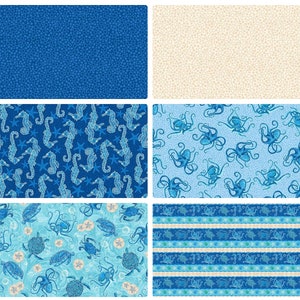 May include: A collection of fabric patterns with a marine theme. Designs include turtles, seahorses, crabs, octopuses, and starfish in shades of blue and beige. Some patterns feature geometric shapes and bubbles.
