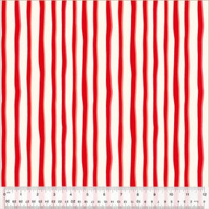 May include: Red and white striped fabric with a wavy pattern. The fabric is measured with a ruler in inches.