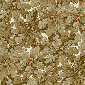 May include: A repeating pattern featuring oak leaves and acorns in shades of brown, tan, and green. The leaves are detailed with intricate veining, and the acorns have red caps. The design is set against a cream-colored background.