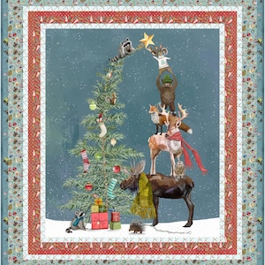 May include: A rectangular quilt featuring a central illustration of a decorated Christmas tree and a stack of forest animals including a moose, deer, fox, bear, and raccoon. The border has a red and white pattern with a blue outer edge.