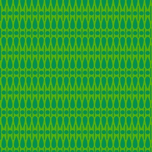 May include: A repeating pattern with a bright green backdrop and a darker green design. The design is composed of vertical rows of teardrop shapes, linked by horizontal lines and small circles, forming a symmetrical and visually pleasing pattern.