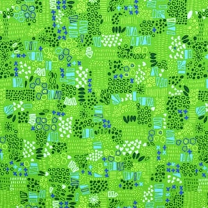 Puede incluir: Una tela verde vibrante con un patrón repetido de formas abstractas. El diseño incluye varias formas geométricas, como círculos, triángulos y formas irregulares, en tonos de verde, blanco y azul. El efecto general es un diseño textil vivo y moderno.