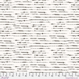 May include: Cream-colored fabric with a repeating pattern of horizontal, dark gray brushstrokes. The strokes vary in length and thickness, creating a textured effect. The fabric has a ruler along the bottom edge with measurements in inches.