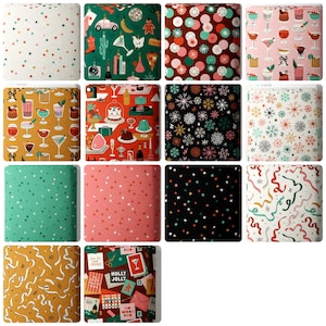 May include: A collection of fourteen fabric swatches featuring various holiday-themed patterns including stars, snowflakes, festive cocktails, party streamers, and gift-related motifs in a diverse color palette of red, green, gold, pink, and black.