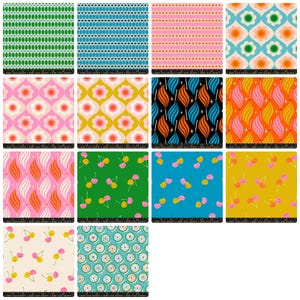 May include: A selection of fabric swatches featuring a range of retro patterns. Designs include geometric shapes, floral motifs, and cherries on various backgrounds, such as green, pink, and blue. Each swatch has a black and white ruler along the bottom.