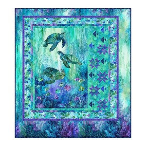 May include: A square quilt featuring an underwater scene with three sea turtles swimming among coral and fish. The quilt has a teal, blue, and purple color scheme with a patterned border. The design includes geometric shapes and a variety of marine life.