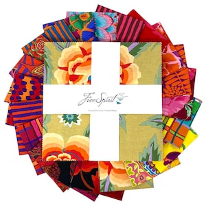 May include: A circular arrangement of colorful fabric squares. The squares feature floral and abstract patterns in shades of orange, red, blue, and green. The center displays the "Free Spirit" logo.