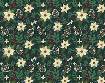 Pode incluir: Um tecido com um padrão repetido de estrelas-de-natal creme, folhas verdes, bagas vermelhas e detalhes brancos sobre um fundo verde escuro. O padrão repete-se no tecido. O tecido é medido em centímetros.