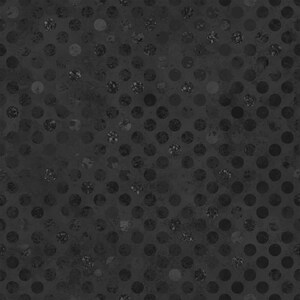 May include: A dark charcoal gray fabric featuring a repeating pattern of solid and textured polka dots. The design consists of evenly spaced circular shapes in varying shades of black and dark gray, creating a subtle contrast across the surface.
