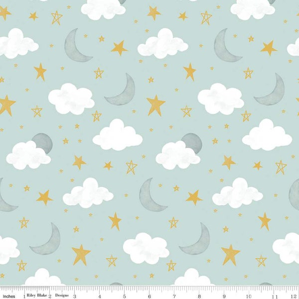 It's A Boy - Aqua Stars And Moon - By Echo Park Paper Co. For Riley Blake Designs - Sold By The Continuous Yard - In Stock And Ships Today