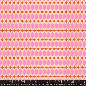 May include: A vibrant fabric featuring a repeating pattern of pink, cream, and orange oval shapes. The design is arranged in vertical rows, creating a retro, geometric aesthetic. The text "RUBY STAR SOCIETY" is at the bottom.