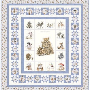May include: A light blue and white quilt with a patchwork design. The quilt features a central panel with animal illustrations, including lions, zebras, and bears. The border has star-shaped patterns and a floral print.