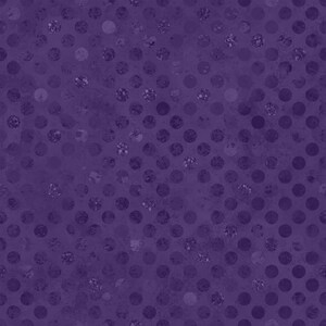 May include: A deep purple fabric featuring a repeating pattern of dark circular polka dots. The surface displays a subtle, mottled texture throughout, with some circles appearing slightly lighter or more distressed than the solid purple background.
