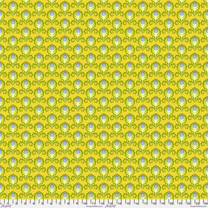 May include: A repeating pattern of stylized floral elements on a yellow background. The design features green stems and leaves with a purple and white flower head. The pattern is evenly spaced across the fabric.