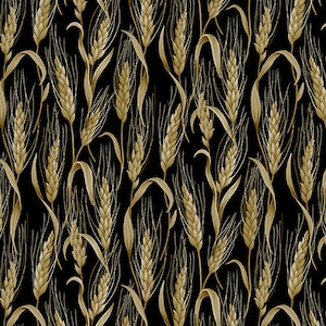 May include: A seamless pattern featuring detailed illustrations of wheat stalks in shades of gold and tan against a solid black background. The design showcases the natural forms of the wheat, creating a textured and organic aesthetic.