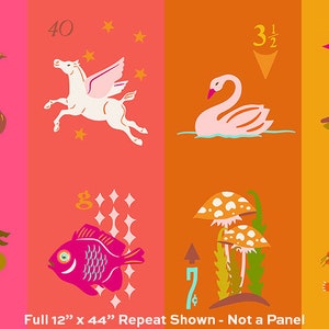 May include: A colorful, retro-style illustration featuring various whimsical images on a repeating pattern. The design includes a butterfly, a swan, a tiger, a flamingo, and other elements. The text "Full 12" x 44" Repeat Shown - Not a Panel" is also present.