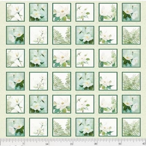 Peut inclure: Un tissu floral vert et blanc avec un motif répétitif de fleurs blanches et de feuilles vertes. Le tissu a une texture subtile et une palette de couleurs douces et tamisées.