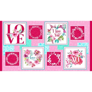 Letras de amor - Bloques de San Valentín - Panel de 24" - de Barb Tourtillotte para Henry Glass - Se vende cortado a medida y cortado de manera continua. Se envía hoy