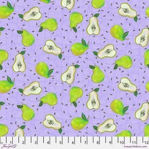 May include: A fabric pattern featuring green pears, some halved to show the interior, scattered across a lavender background with a woven design. The pears have green leaves and are in various orientations.
