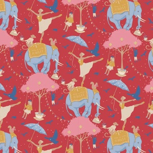 May include: A red background with a repeating pattern of blue elephants, pink trees, and ballerinas. The elephants are carrying a teacup and teapot. The trees have pink blossoms and are holding umbrellas. The ballerinas are wearing white tutus and are dancing on the elephants. The pattern includes the text "Diamond Jubilee".