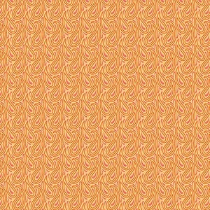 May include: A seamless pattern featuring a repeating design of orange and pink teardrop shapes with a swirling pattern inside each shape.